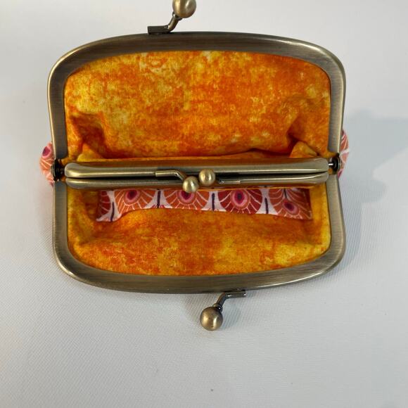 Vintage Twin Metal Frame Change Purse Dual Clasp London Floral Orange 5.5x4.5 - Picture 5 of 6